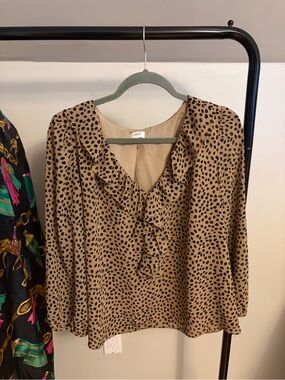 J. Crew Tan Blouse with Black Spot Print and Ruffle V-Neck